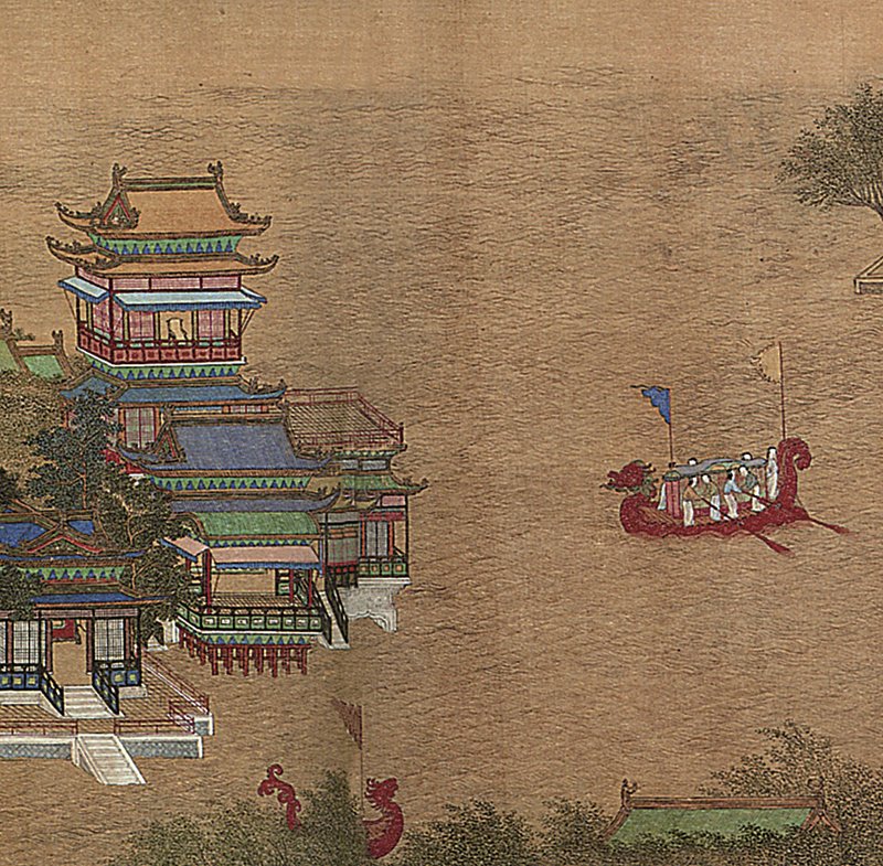 傳為王振鵬〈龍池競渡圖〉龍池，美國大都會博物館藏。 圖8-2 明代仇英本〈清明上河圖〉宮苑及龍舟，遼寧省博物館藏。