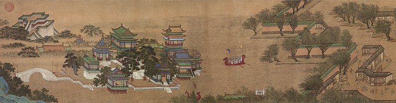 明代仇英本〈清明上河圖〉結尾華美的池中宮苑景致，遼寧省博物館藏。