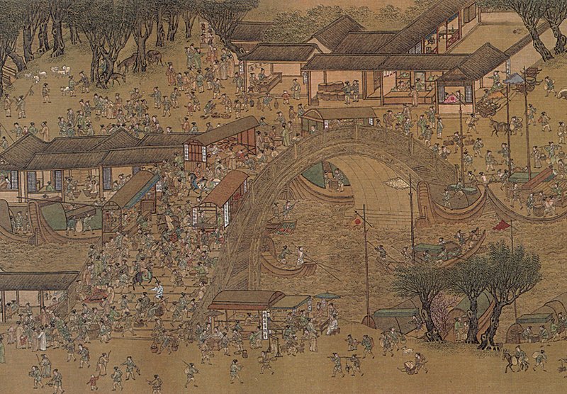 上右圖4-3 清院本〈清明上河圖〉拱橋，台北故宮藏。圖／維基百科。
