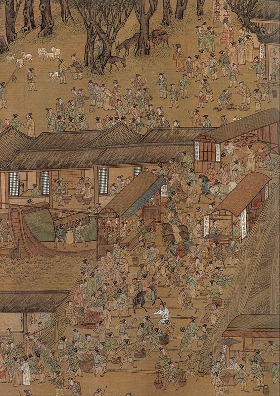 上左圖4-1 北宋張擇端〈清明上河圖〉拱橋，北京故宮藏。