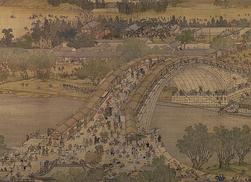 明代仇英本〈清明上河圖〉中繁華城市的景象，遼寧省博物館藏。圖為局部。