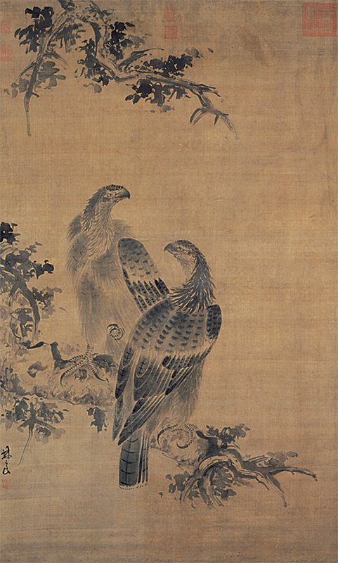 明代林良〈雙鷹圖〉，台北故宮博物院。