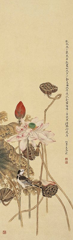 〈子孫和合圖〉，金箋紙本水墨重彩鏡心，74.5x72.6公分。
