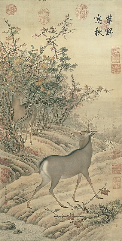 清郎世寧〈苹野鳴秋〉，72.1×30.8公分，私人收藏。