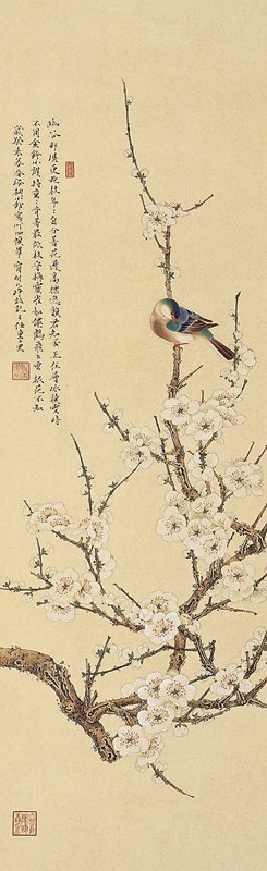 〈四時花鳥〉，清宮舊箋紙本水墨重彩四屏條，每屏106×32公分。