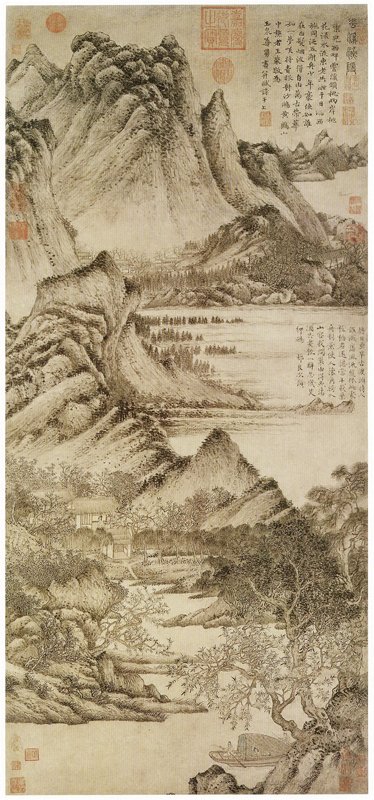 元代王蒙〈花溪漁隱〉，台北故宮博物院收藏三本中之乙本（編號「成-229-49」），此圖為王蒙真蹟。