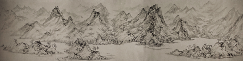張洪2002年〈仿吳鎮山水〉，紙本墨色，97×375公分，英國大英博物館。