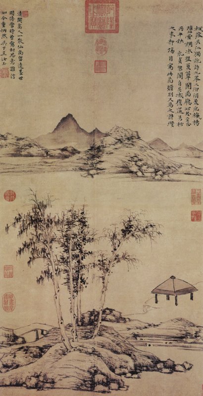 元代倪瓚〈楓落吳江〉，此圖為真蹟，但石坡亭子及遠山為後人補筆，台北故宮博物院。