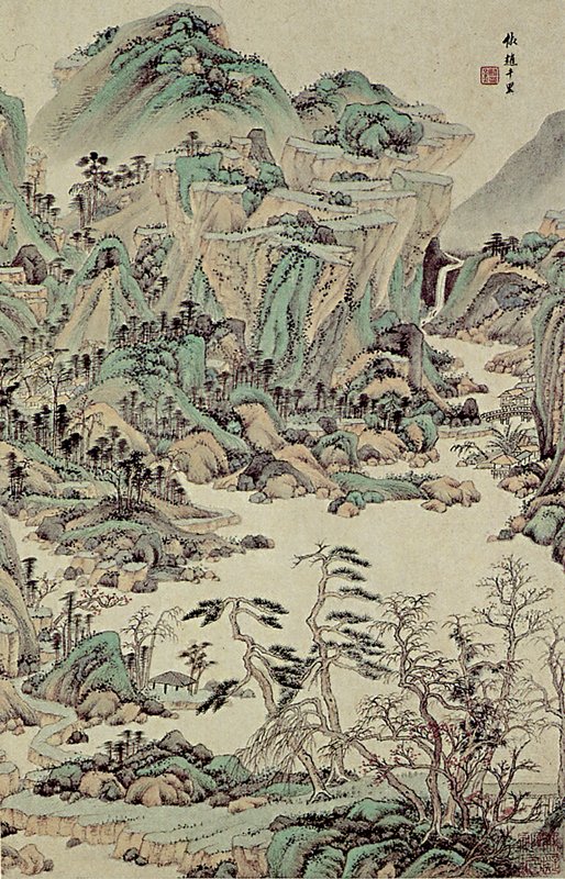 清王鑑1662年〈仿趙千里〉，〈倣宋元山水圖〉第八開，55.2×36.2公分，上海博物館藏。圖／澳門藝術博物館。