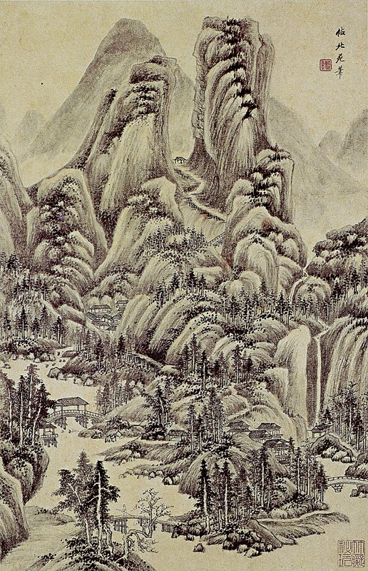 清王鑑1662年〈仿北苑筆〉，〈倣宋元山水圖〉第二開，55.2×36.2公分，上海博物館藏。