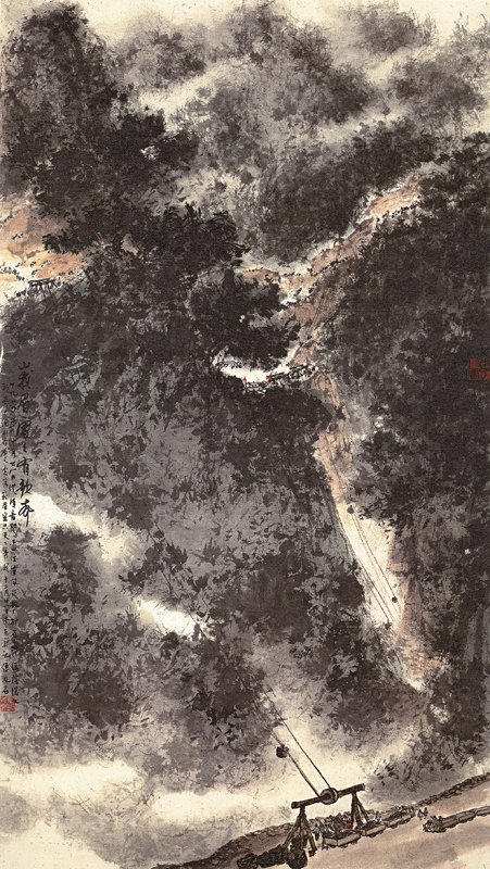 傅抱石1960年〈峨眉處處有歌聲〉軸,紙本設色,105.5×61公分,江蘇省國畫院藏。