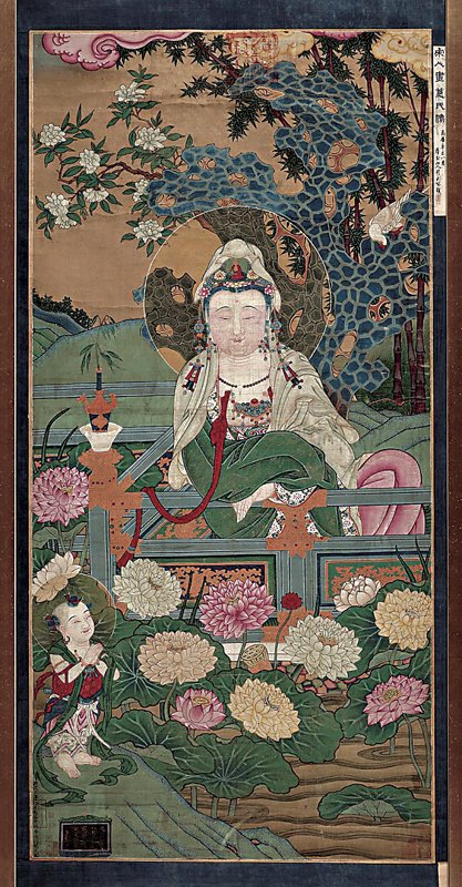 明〈絹本礦物彩彩繪觀音童子圖〉，190×91公分，曾為1996年香港蘇富比拍品。