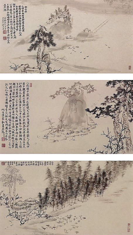 孫家勤2010年〈八德園六景〉其中三開〈潮音埗〉、〈槃阿〉、〈五亭湖〉，27×48公分。