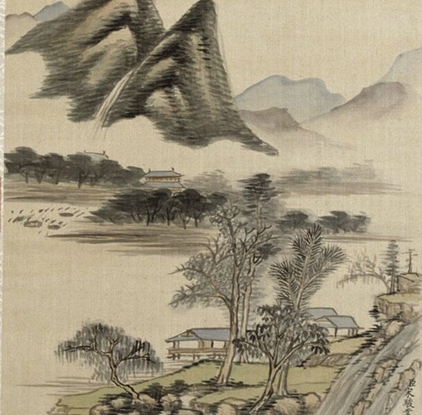 宋駿業〈仿古山水圖〉冊，其中六開，絹本設色，每開32×24.3公分，北京故宮博物院藏。