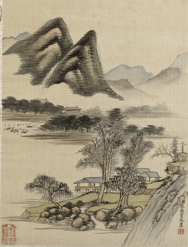 宋駿業〈仿古山水圖〉冊，其中六開，絹本設色，每開32×24.3公分，北京故宮博物院藏。