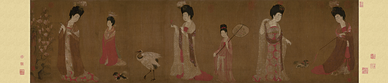 周昉〈簪花仕女圖〉在1972年交由北京故宮重裱時才發現是由五塊絹拼合而成，推測原來可能為屏風，之後為便於收藏才改裝成卷軸。