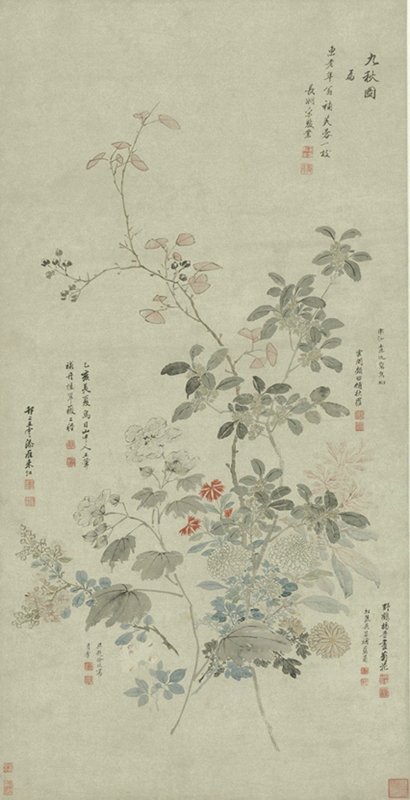 宋駿業、王翬等1695年〈九秋圖〉軸，紙本設色，119×61公分，北京故宮博物院藏。