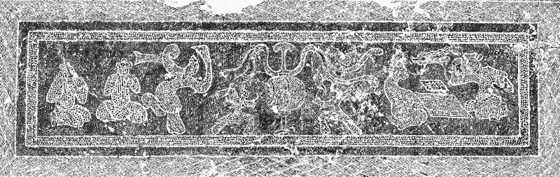 石槨墓中隔板東側：博弈、擊鼓與樂舞圖，引自《中國畫像石全集：山東漢畫像石》。