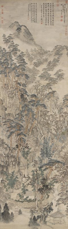 明張宏〈棲霞山圖〉 立軸絹本設色，341.9×101.8公分