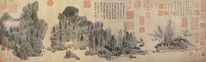元代錢選〈浮玉山居圖〉卷，紙本淺設色，29.6×98.7公分。