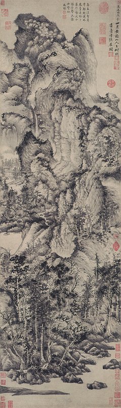 元代王蒙1366年作〈青卞隱居圖〉軸，紙本水墨，140.6×42.2公分。