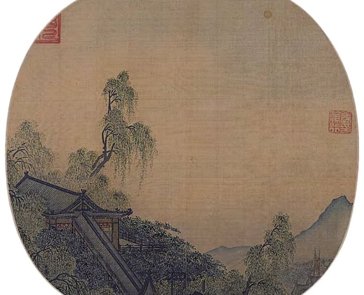 南宋馬麟〈樓台夜月圖〉冊頁，絹本設色，24.5×25.2公分。
