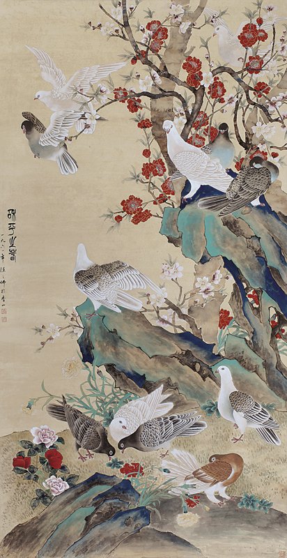 陳之佛1961年作〈和平之春〉，設色紙本立軸，173×89.8公分。