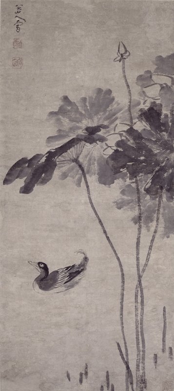 朱耷〈荷花水鳧圖〉，水墨紙本立軸，117×52.5公分。