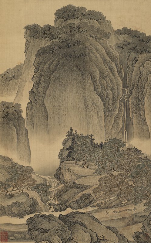 王翬〈小中現大冊〉，其中臨摹的〈范寬谿山行旅圖〉、〈巨然雪圖〉二開。