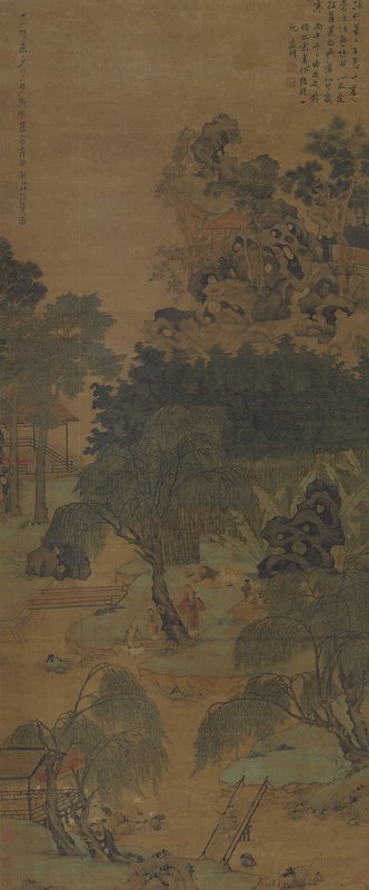 文徵明1540年作〈長林消夏圖〉，水墨設色絹本立軸，147.2×61公分。