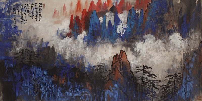 劉海粟1985年作〈黃山奇峰〉，設色紙本鏡片，122.5×243公分。