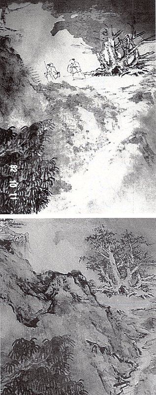張大千〈廬山圖〉中原有二高士，後被大千塗去，改畫石頭。攝影／樂恕人。