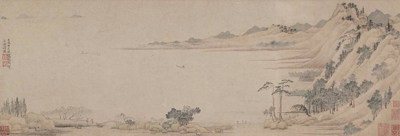 明代文徵明1532年作〈石湖清勝圖〉卷，紙本淺設色，23.3×67.2公分。