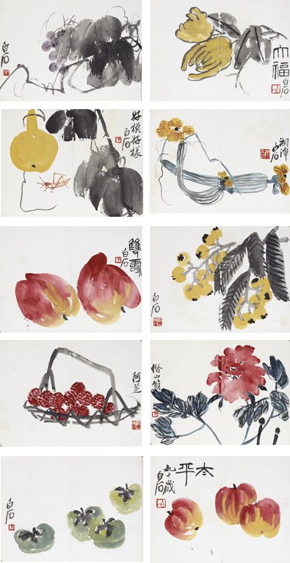 齊白石1950年作〈春華秋實冊頁〉十開，設色紙本，各28×37公分。