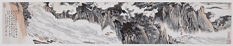 陸儼少（1909～1993）1980年款〈峽江險水〉，水墨設色紙本橫幅，33.5×183公分。