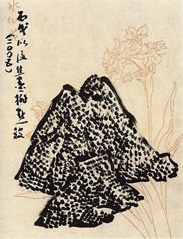 張光賓三階段的皴法，由左至右為早期承傅抱石與李可染的筆法、中期的焦墨散點皴、晚期的焦墨排點皴。