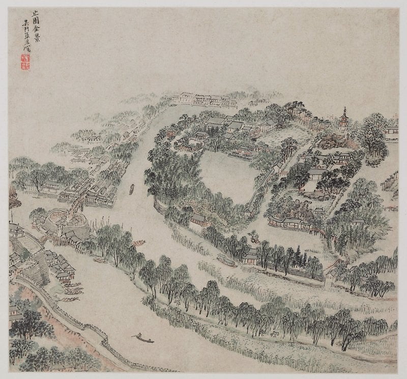 張宏〈止園圖冊〉第一開〈止園全景〉,德國柏林亞洲藝術博物館藏。