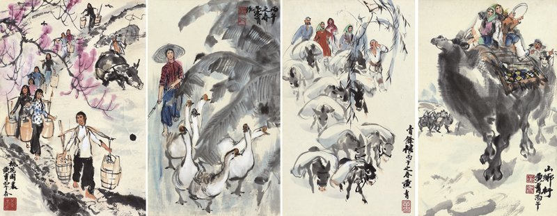 張大千〈雲岫奇峰山水對屏〉，設色紙本鏡框，每屏50×43.5公分，成交價人民幣414萬元。