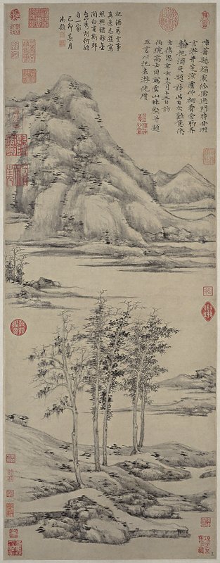 元倪瓚1372年作〈虞山林壑圖〉,紙本水墨軸,94.6×35.9公分,美國大都會博物館藏。Photograph© 2013 Metropolitan Museum of Art/Art Resource/Scala。