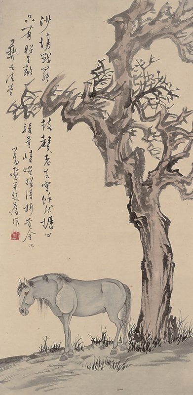 溥心畬〈古木駿馬圖〉,董彝九上款,各85.5×42.7公分。