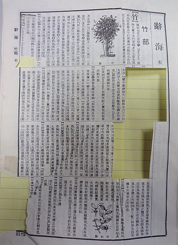 《辭海》其中一頁，為了編纂書畫辭典，上頭資料已被剪下、黏貼於卡片上。攝影／王耀庭。