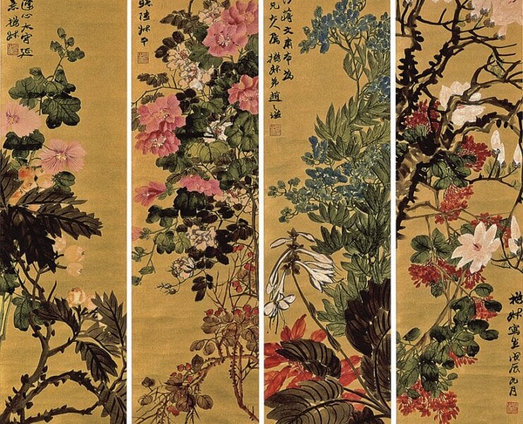 趙之謙〈擬古花卉〉四屏，各106×26公分，成交價1564萬港元。
