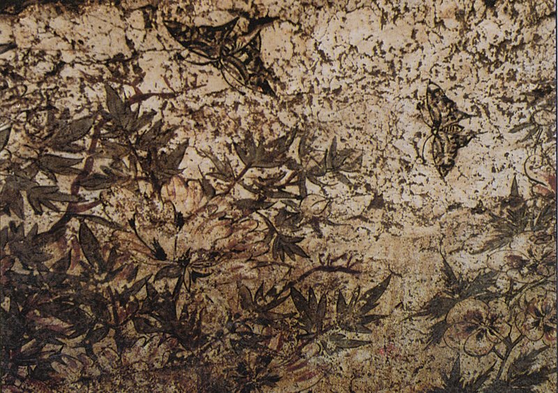唐代王公淑夫婦合葬墓墓室北壁〈花鳥屏風壁畫〉及局部，846年。