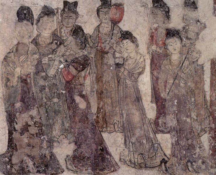 唐〈宮女圖〉，陝西咸陽乾陵永泰公主墓前室東側壁畫。
