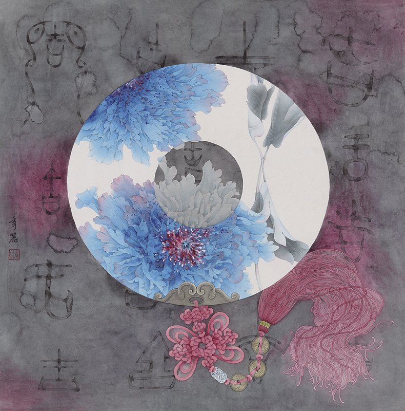 〈天地緣〉吉祥如意福壽玉璧組畫（吉），66×66公分。