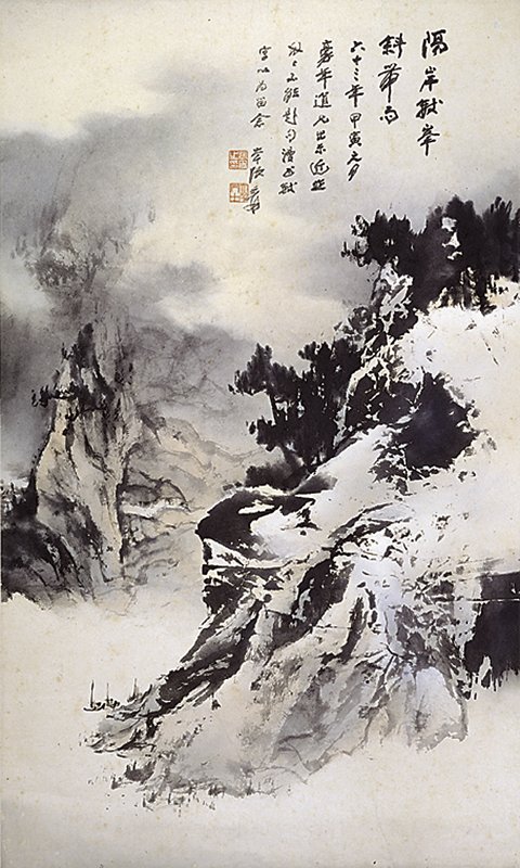 歐豪年1974年〈隔岸數峰斜帶雨〉，張大千款識，90×60公分。