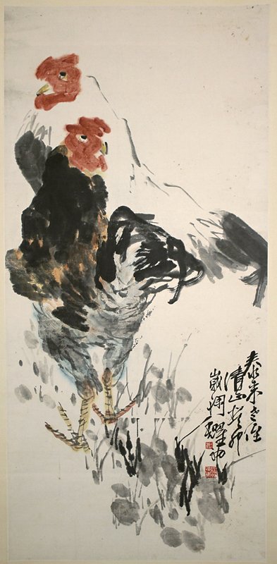 沈耀初寫贈鄭善禧〈讀萬卷書貧亦樂，擁生華筆老雖雄〉書法軸，各134.5×23公分。
