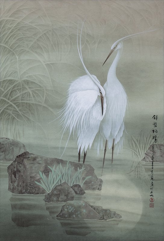 吳秀麗〈銀盤棲鷺〉，55×80公分。