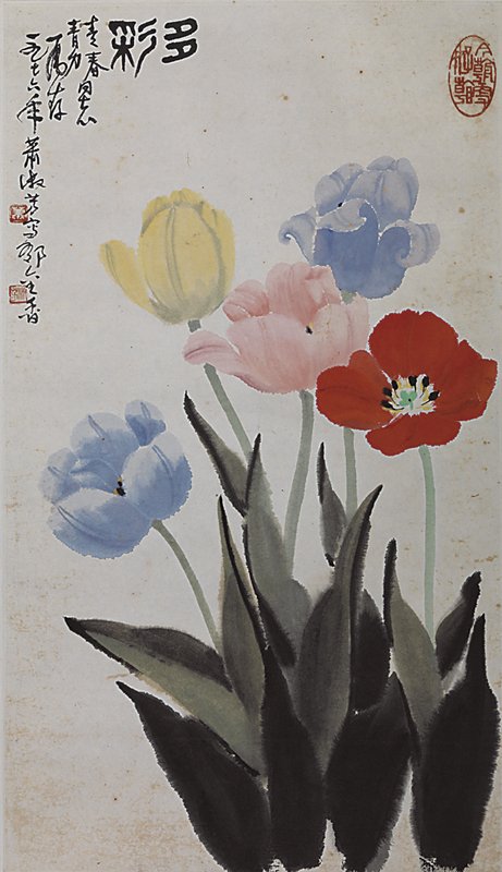 蕭淑芳（1911～2005）1976年款〈多彩〉直幅，水墨設色紙本，59.2×34公分。
