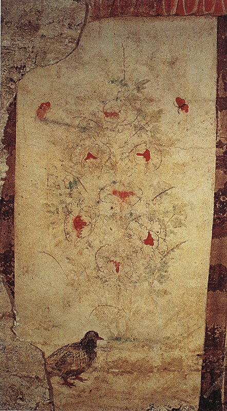 五代王處直與三位夫人的合葬前室北壁、西壁線描圖及西壁局部，924年。